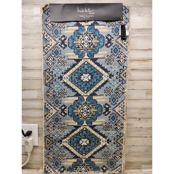 NICOLE MILLER HOME Table Runner 16" x 72" (6 ft) Blue Aztec Designl 100% Cotton - Picture 1 of 8